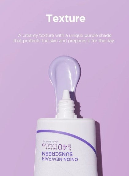 Isntree Onion Newpair Sunscreen SPF40 Pa+++ showcasing its creamy purple texture ready for application, delivering hydration and protection to keep your skin looking youthful and vibrant. Ideal for anti-aging.