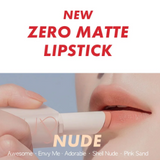 Close-up of hands applying rom&nd Zero Matte Lipstick to lips, highlighting the range of nude shades including Awesome, Envy Me, Adorable, Shell Nude, and Pink Sand for a beautiful look.