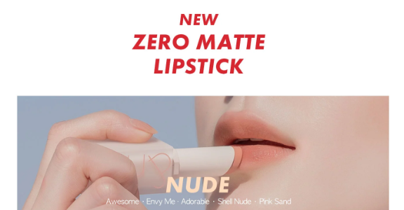 Close-up of hands applying rom&nd Zero Matte Lipstick to lips, highlighting the range of nude shades including Awesome, Envy Me, Adorable, Shell Nude, and Pink Sand for a beautiful look.