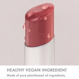 Close-up of rom&nd Glasting Melting Balm showcasing its glossy texture with droplets, emphasizing its healthy vegan ingredients.