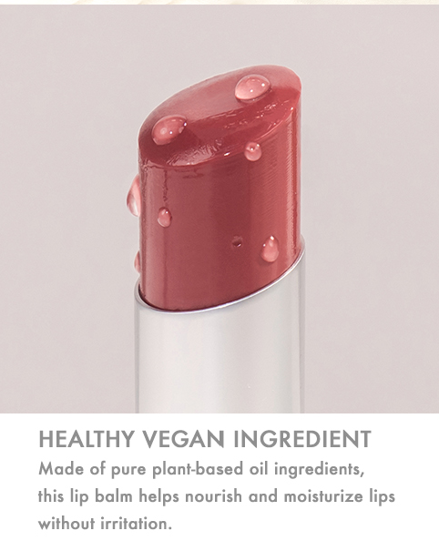 Close-up of rom&nd Glasting Melting Balm showcasing its glossy texture with droplets, emphasizing its healthy vegan ingredients.