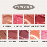 A color chart for rom&nd Glasting Melting Balm featuring swatches of all shades, including Coco Nude and Coralia, on a light background.