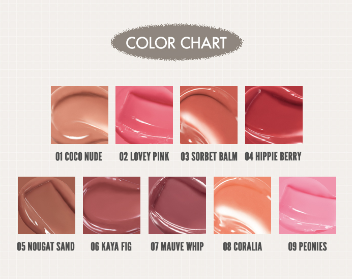 A color chart for rom&nd Glasting Melting Balm featuring swatches of all shades, including Coco Nude and Coralia, on a light background.
