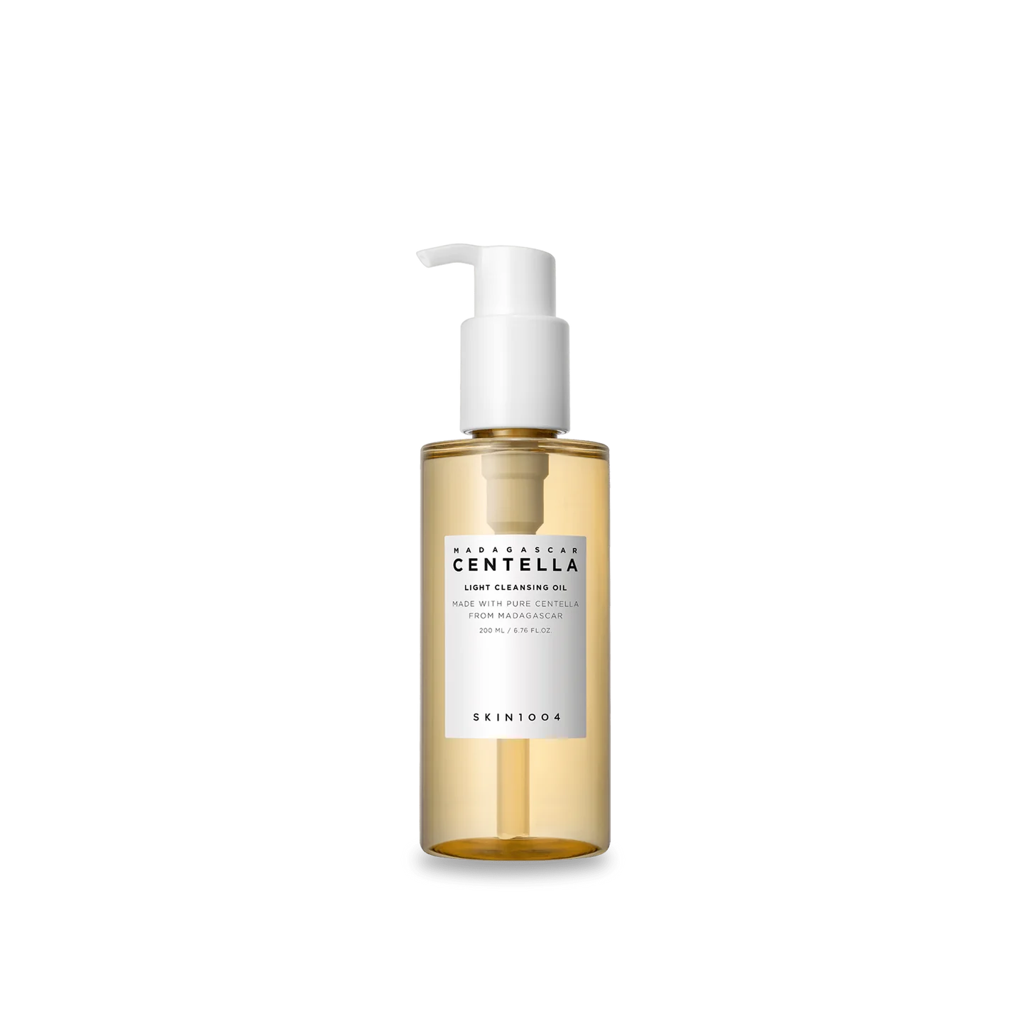 Skin1004 Madagascar Centella Light Cleansing Oil in a transparent bottle, showcasing its lightweight texture, perfect for refreshing and nourishing skin.