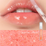 Close-up of lips showcasing the sparkly Sanho Crush shade of rom&nd Glasting Water Gloss, paired with a vibrant coral sea backdrop.